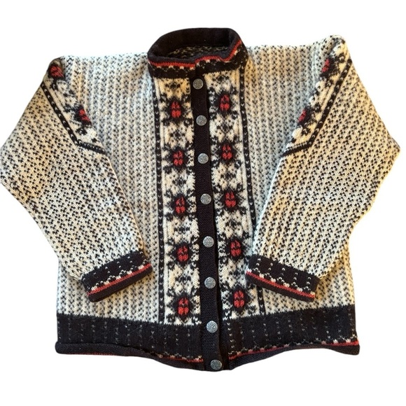 VTG Wool Chunky Knitted Cardigan Sweater M Black Cream Red Metal Scroll Buttons - Picture 1 of 13